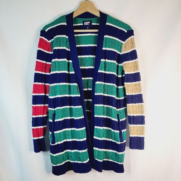 Land's End 100% Cotton Striped Multicolor Cardigan Sweater - Picture 1 of 9